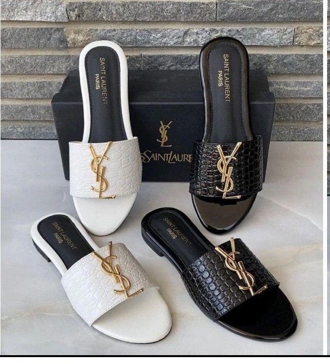 White Saint Laurent Paris Mules with Gold Logo